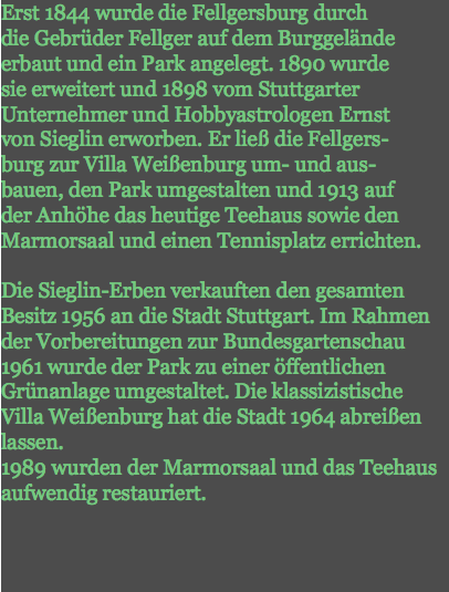 Erst 1844 wurde die Fellgersburg durch  die Gebrüder Fellger auf dem Burggelände erbaut und ein Park angelegt. 1890 wurde  sie erweitert und 1898 vom Stuttgarter Unternehmer und Hobbyastrologen Ernst  von Sieglin erworben. Er ließ die Fellgers- burg zur Villa Weißenburg um- und aus- bauen, den Park umgestalten und 1913 auf  der Anhöhe das heutige Teehaus sowie den Marmorsaal und einen Tennisplatz errichten. Die Sieglin-Erben verkauften den gesamten Besitz 1956 an die Stadt Stuttgart. Im Rahmen der Vorbereitungen zur Bundesgartenschau 1961 wurde der Park zu einer öffentlichen Grünanlage umgestaltet. Die klassizistische Villa Weißenburg hat die Stadt 1964 abreißen lassen. 1989 wurden der Marmorsaal und das Teehaus aufwendig restauriert.